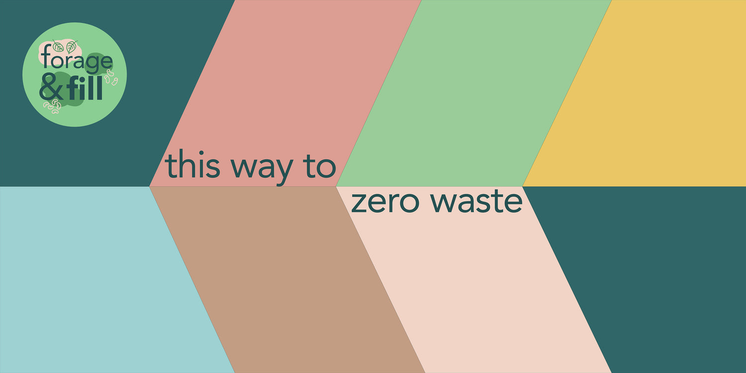 colourful chevrons are overlaid ith text reading "this way to zero waste" and a circular Forage & Fill logo in pink & green