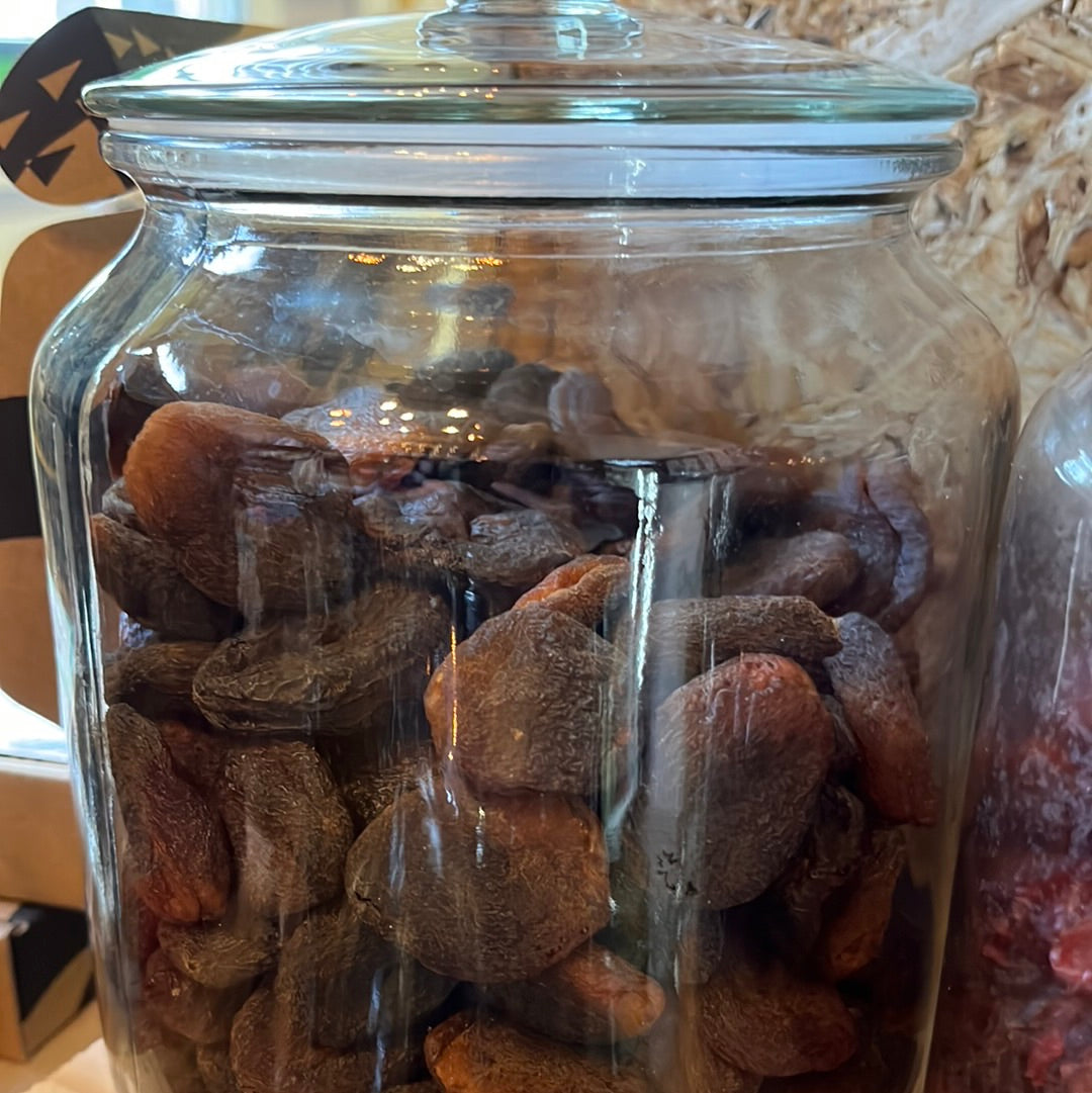 Apricots in a glass jar.